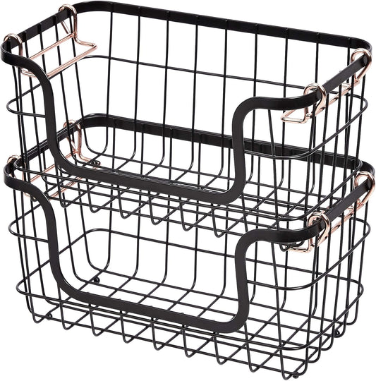 Amazon Basics Stackable Metal Wire Rectangular Storage Basket Set For Kitchen or Bathroom, 2 Count, Black