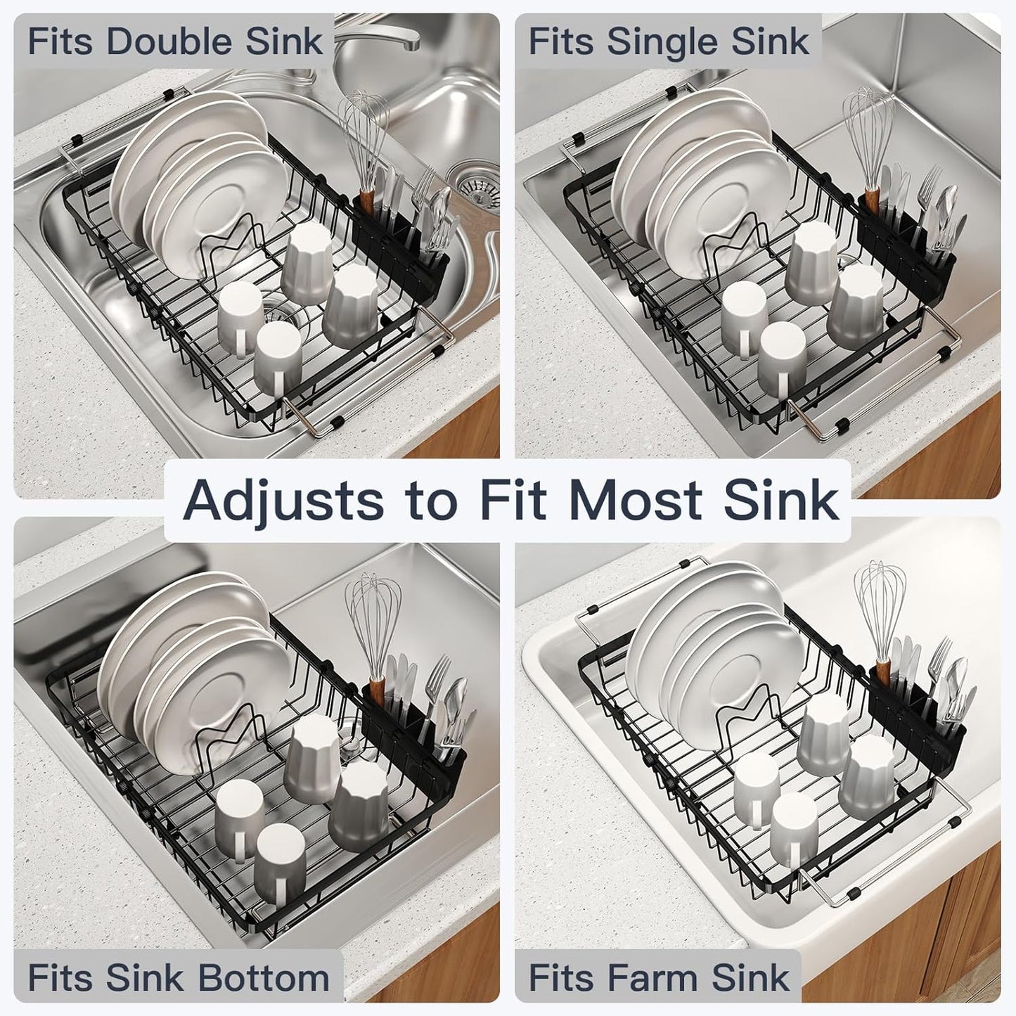 Small Expandable Over The Sink Dish Drainer Drying Rack In Stainless Steel Metal For Kitchen, Counter Space Saving Black Compact Above Plate Dryer Strainer, Adjustable Hanging Inside Sink Drain Holder