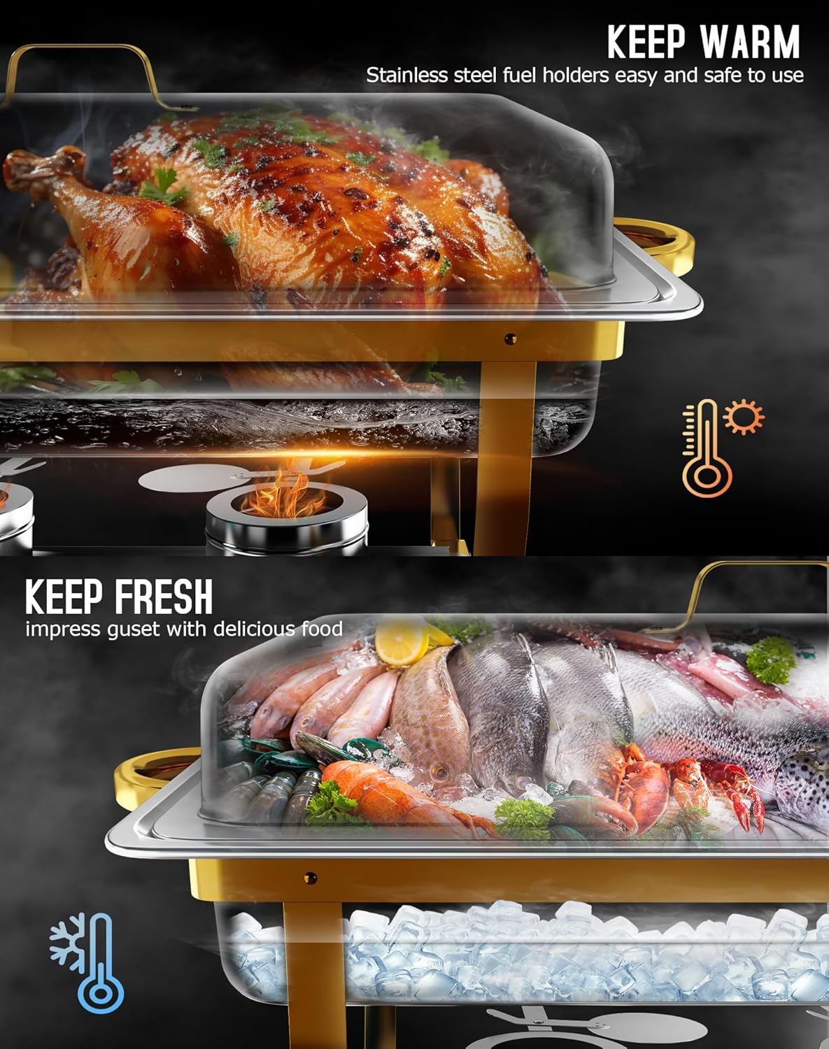Chafing Dishes for Buffet 2 Pack, [Elegant Gold and Silver] Stainless Steel Chafing Dish Buffet Set, 9QT No-Finger Cut Roll Edge Chafers and Buffet Warmers Sets for Party (Gold 1/2 Panx2)