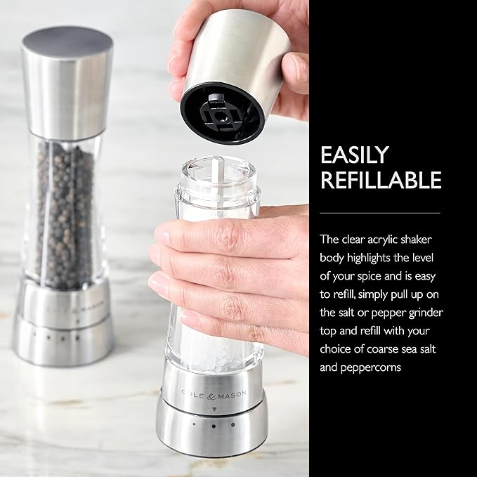 Cole & Mason Derwent Salt and Pepper Grinder Set - Refillable Salt & Pepper Grinder Set with Gourmet Precision Mechanisms - Kitchen Accessories for Cooking - Gift Set, Stainless Steel