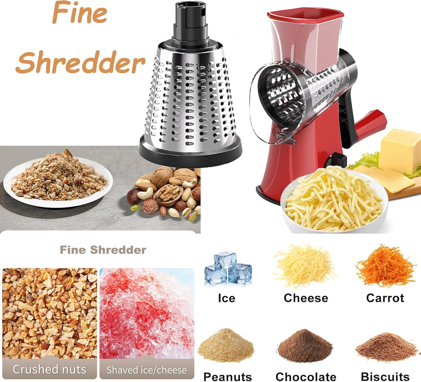 3-in-1 Rotary Cheese Grater Vegetable Slicer, 3 Interchangeable Blades Food Shredder with Anti-Slip Reinforced Suction Base, Kitchen Mandoline Chopper (Red)