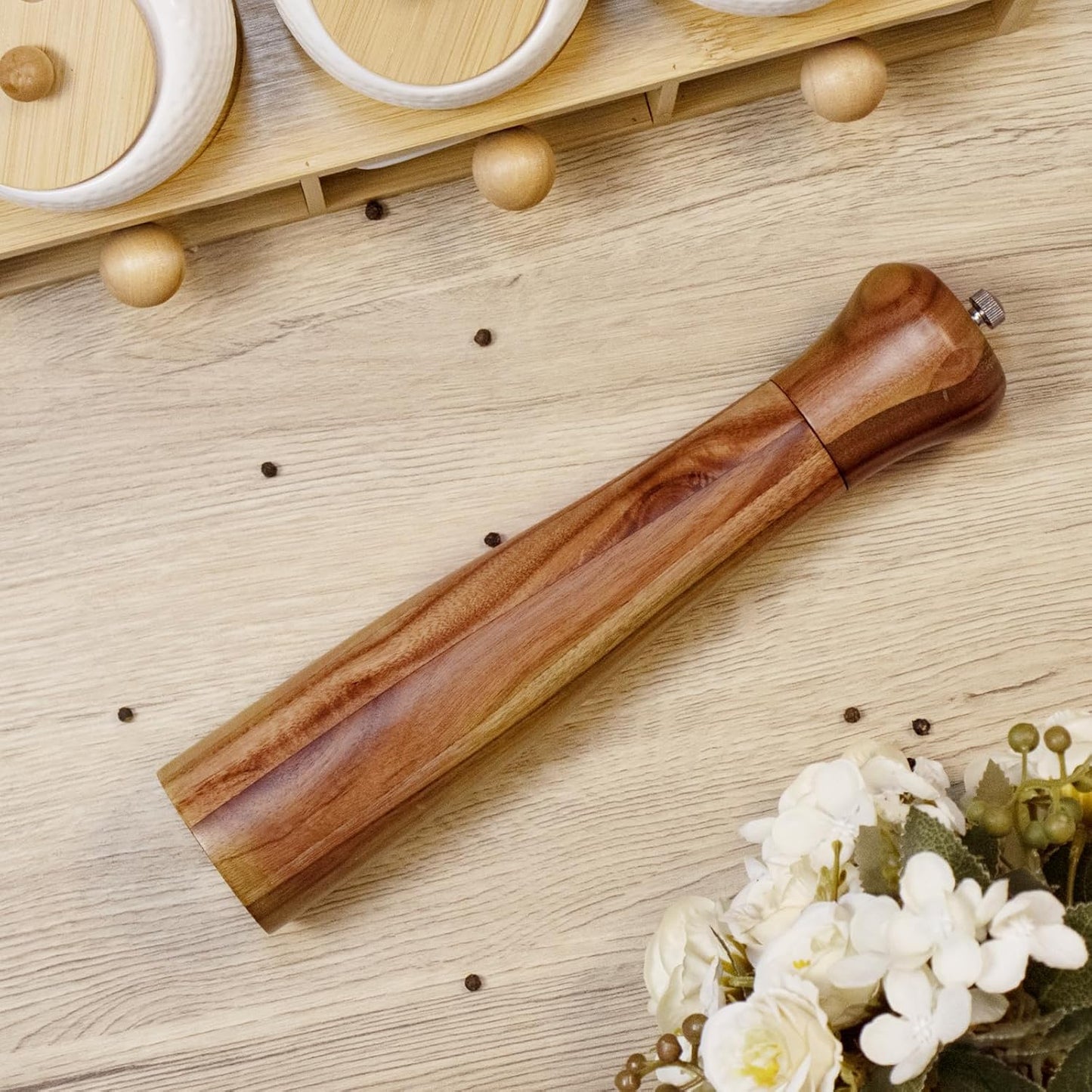 1 Pack - 10 Inch tall Acacia Wood Pepper Grinder or Salt Mill Elegant Pepper Mill Wooden with a Adjustable Ceramic Rotor and Easily Refillable - Wood Salt Grinder for Your Kitchen
