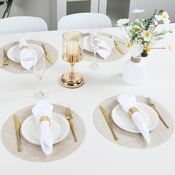 Beige Round Placemats Set of 6 Dual Sided Faux Leather Place Mats Indoor Placemats for Dining Table Outdoor Placemats Waterproofing Non-Slip Washable Table Mats 14 inch
