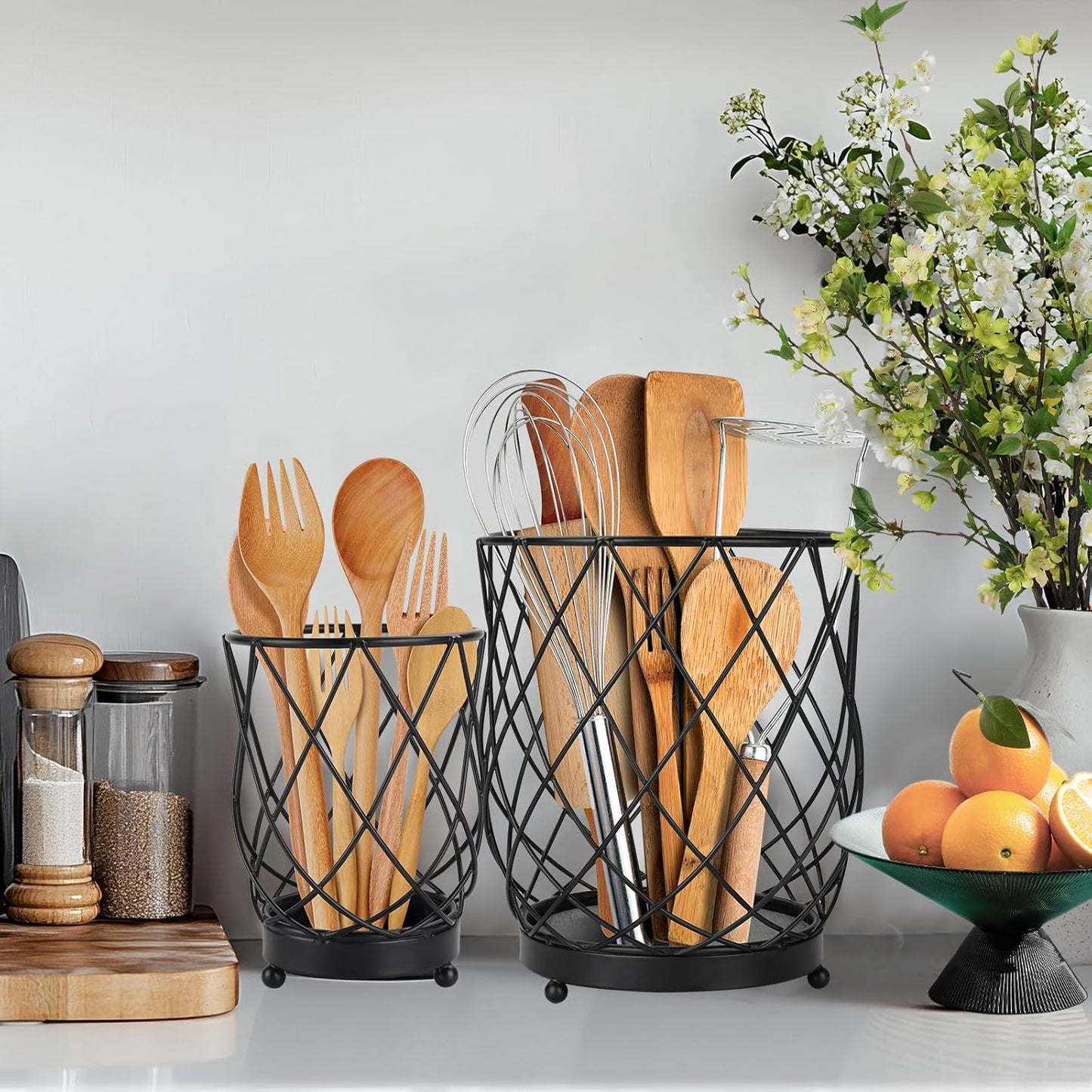 MACEVIA Utensil Holder for Kitchen Counter, Black Metal Organizer with Diatomaceous Earth Base, 7.5" + 5.4", Countertop Storage for Spoons,Spatulas and Cooking Utensils,Set of 2