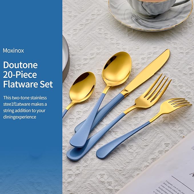 20-Piece Grey blue & Gold Silverware Set, 18/0 Stainless Steel Colorful Handle Flatware Set,Service for 4,Modern Cutlery Set Includes Dinner Knives Forks Spoons,Mirror Polished,Dishwasher Safe