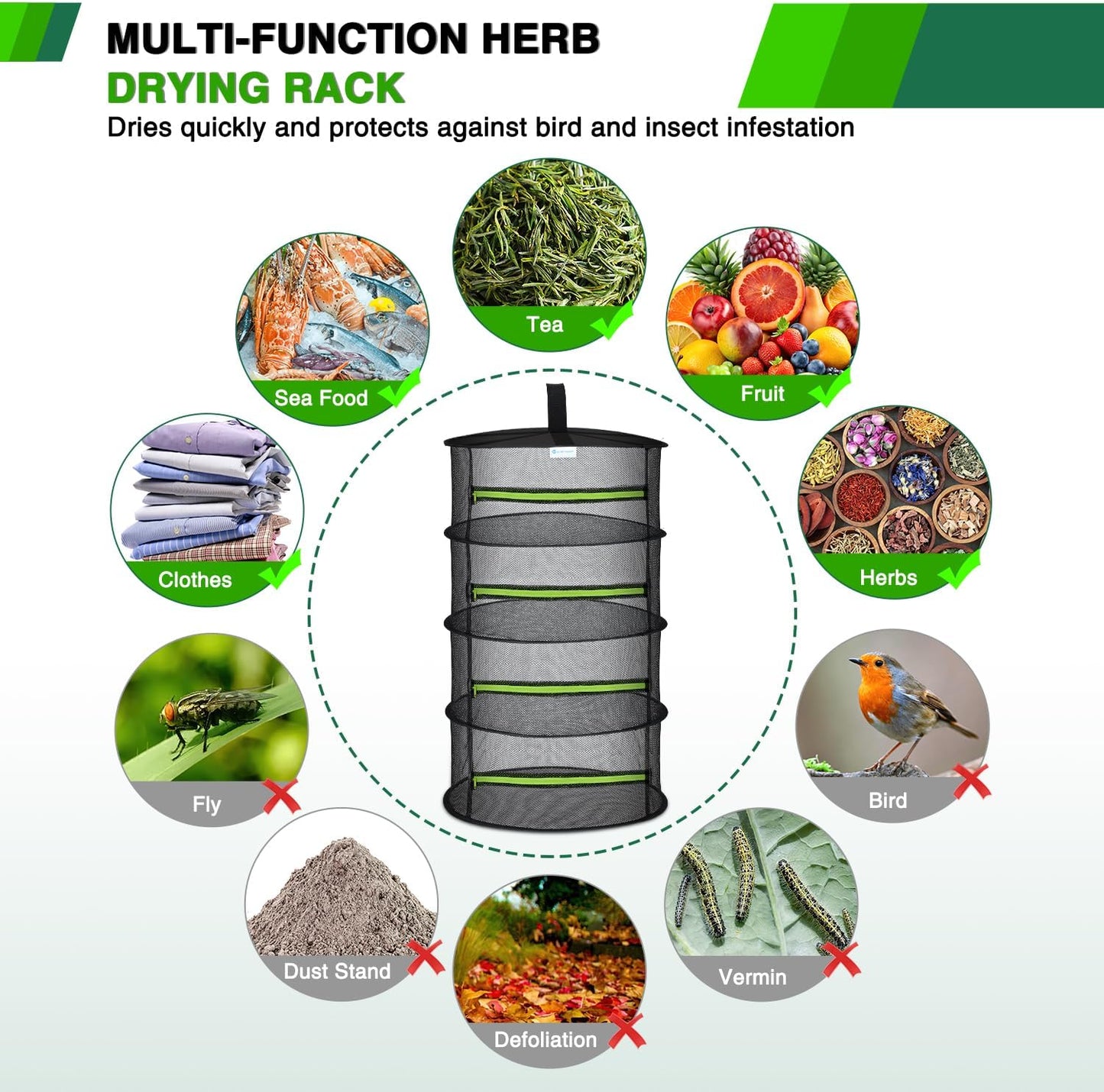 Yesker 4 Layer Herb Drying Rack Hanging Mesh Net Foldable Plant Drying Racks 24" Diameter with Green Zipper & Hook Dryer Hanging Rack for Herbs Seed Bud Fruit Clothes Grow Tent Closets Garden Outdoor