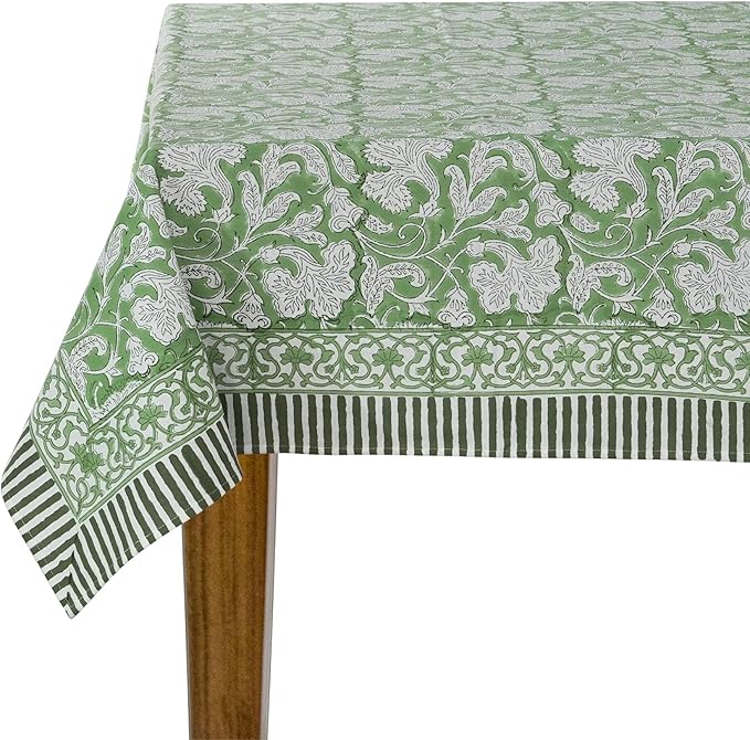 Ridhi Sage Green Hand Block Print Cotton Rectangle Tablecloth 108 X 60 inch-Reusable Table Cover Decorative Everyday Use for Dining Room, Farmhouse, Thanksgiving, Christmas Wedding, Fall