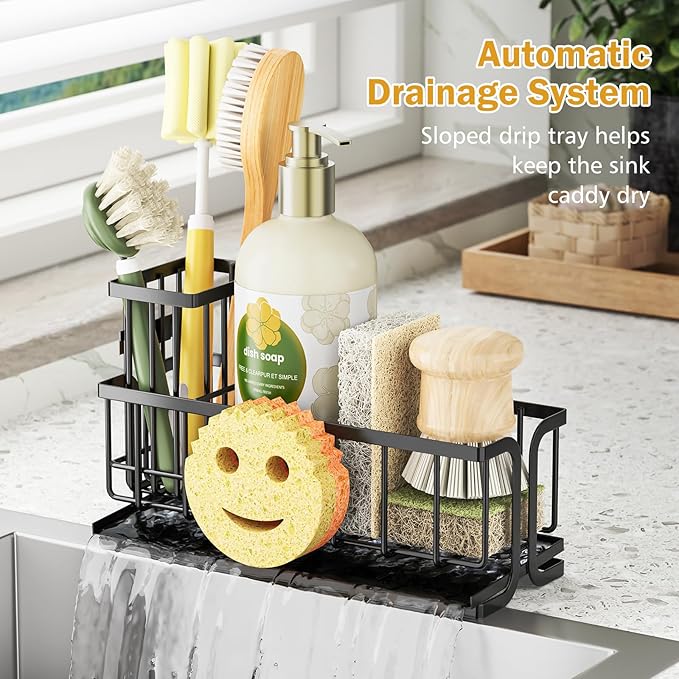 Epicano Sink Caddy Sponge Holder, Smiley Face Sponge Rack with High Brush Holder,Rustproof Kitchen Countertop Organizer,Kitchen Gadgets Sink Accessories, 9.8" x 6.3" x 4.1", Black