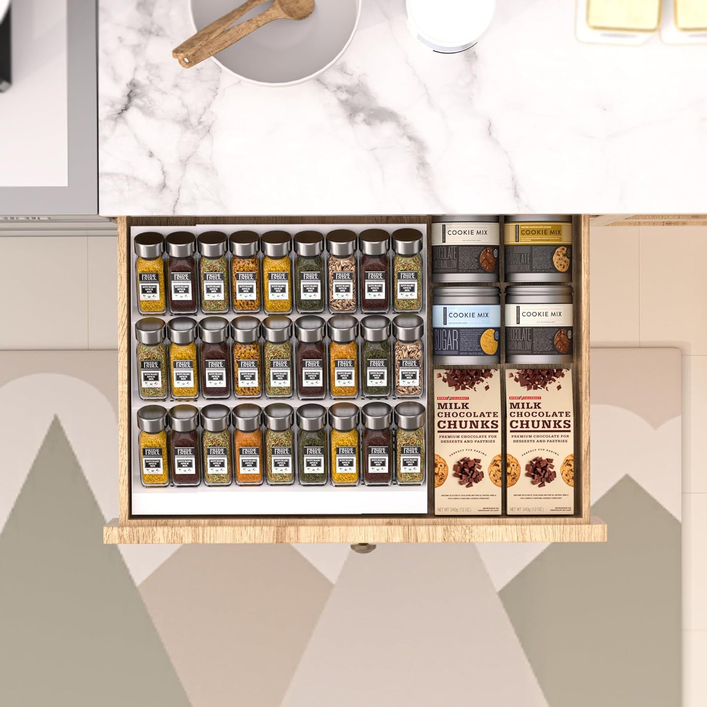 Expandable Metal Spice Drawer Organizer,3-Tier Slanted Seasoning Jars Tray for Kitchen Cabinet Drawers Insert/Countertop (Jars not included)-3Tier,2packs/White