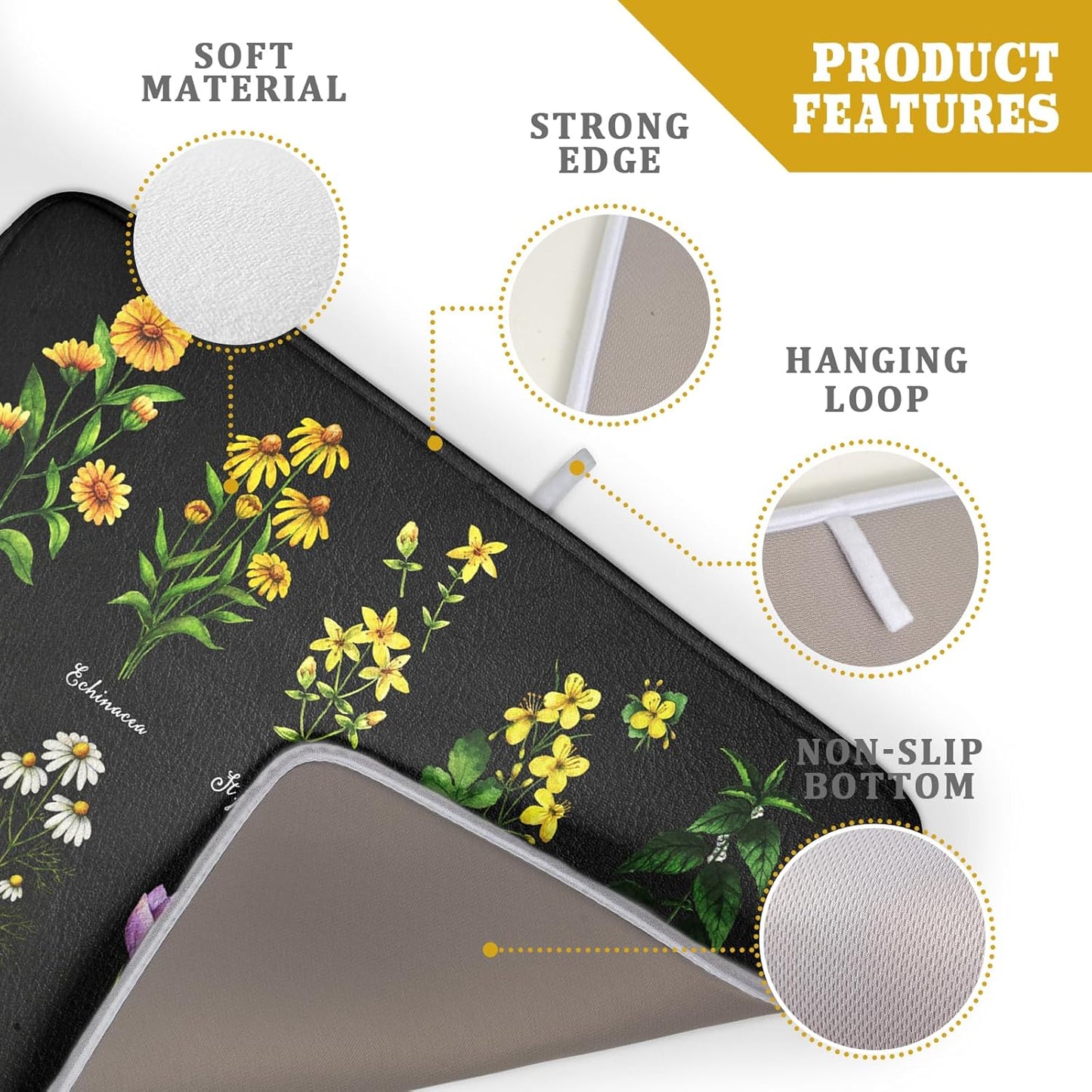 Black Flower Herbs Dish Drying Mat 18x24 Inch Botanical Floral Microfiber Drying Mats with Hanging Loop Foldable Absorbent Dish Drainer Rack Pad