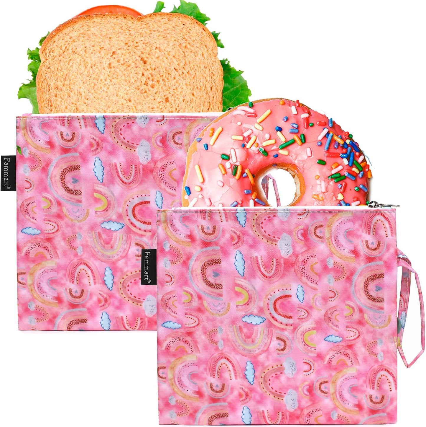 Reusable Sandwich Bag/Snack Bag for Kids & Adults, Dual Layer Lunch Bag with Handle, Washable, Food Safe, BPA Free (2-Pack, Rainbow)