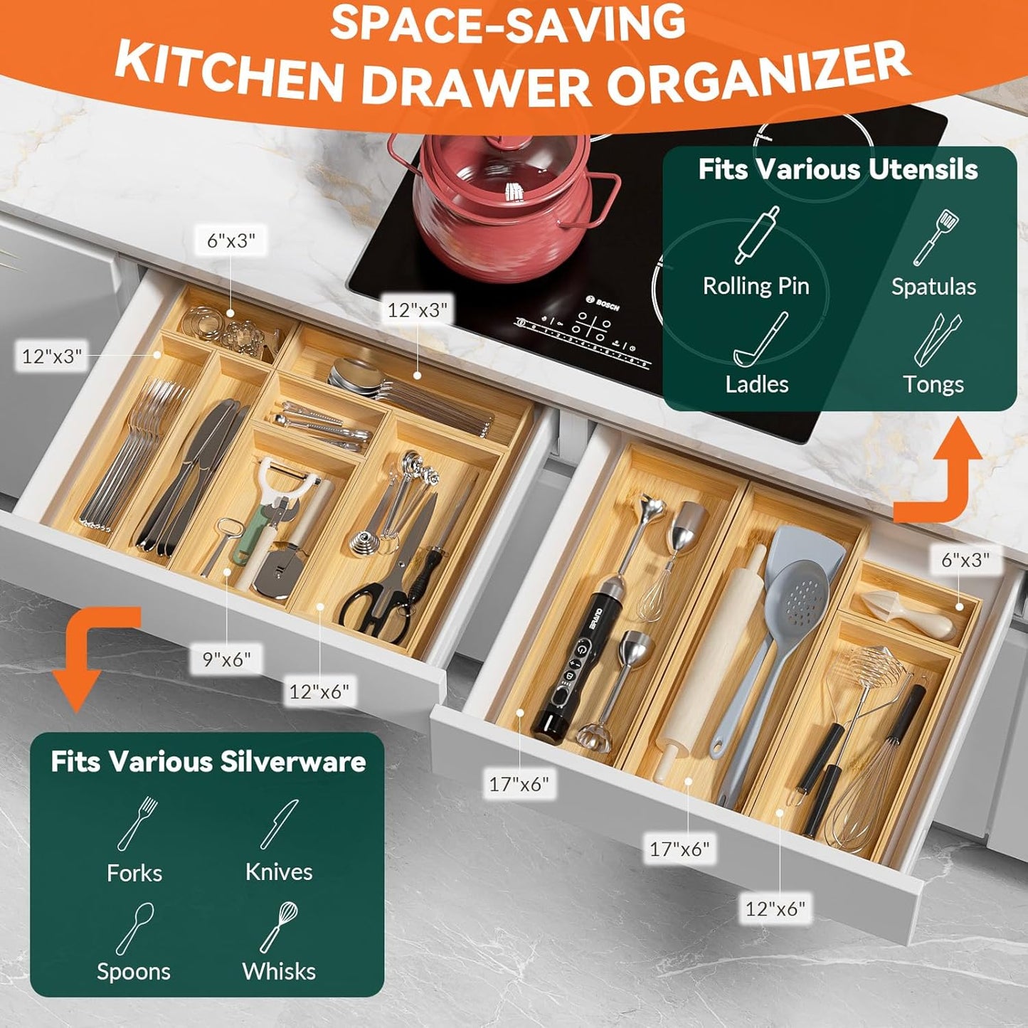 Bamboo Drawer Organizer - Silverware & Utensil Organizer, Stackable, 2 Pcs, Wooden Storage Box Tray (Bamboo, 12 X 6 X 2 Inch)