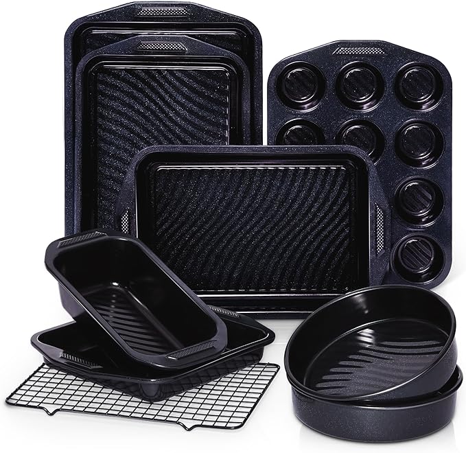 HONGBAKE 9-Piece Baking Pans Set with Wave Texture for Reduced Oil, 0.8mm Thick Bakeware Sets Non Stick, Includes Stackable Cookie Sheets for Oven Cooking, Cake Pan, Muffin Pan, Loaf Pan, Rack, Blue