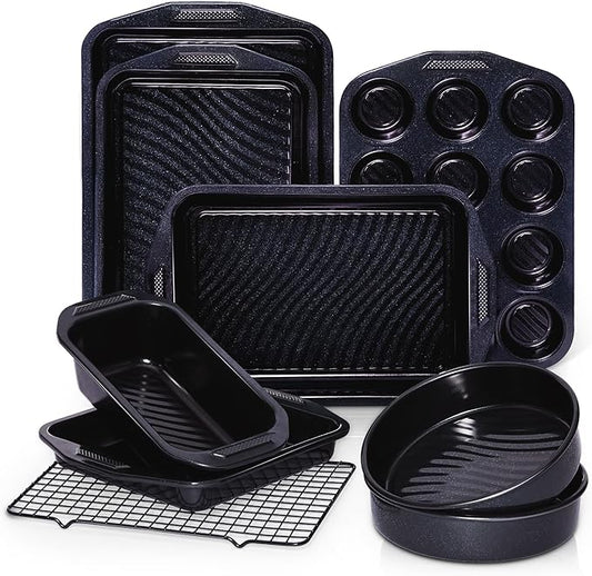 HONGBAKE 9-Piece Baking Pans Set with Wave Texture for Reduced Oil, 0.8mm Thick Bakeware Sets Non Stick, Includes Stackable Cookie Sheets for Oven Cooking, Cake Pan, Muffin Pan, Loaf Pan, Rack, Blue