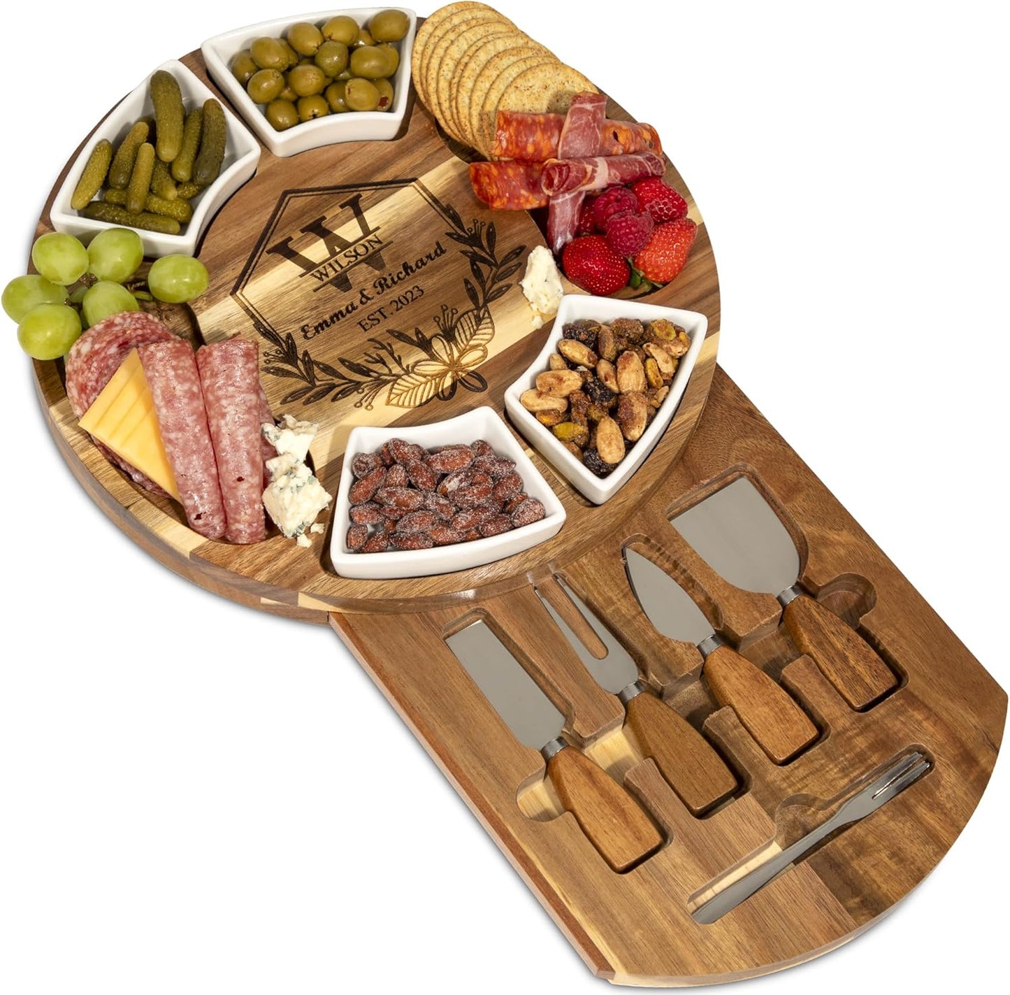Personalized Charcuterie Board Gift Set, Acacia Cheese Board with Ceramic Bowls, Wedding Gifts for Couples, Housewarming Gift, Birthday Gifts for Women and Men, Custom Engraved Gift