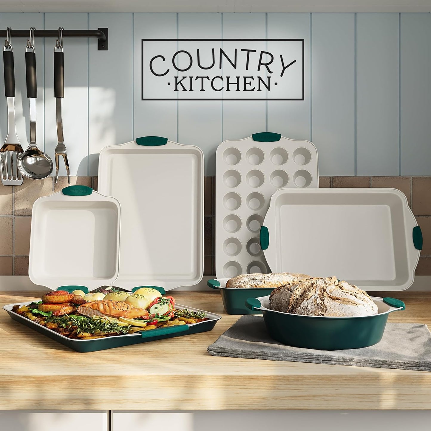 Country Kitchen Nonstick Stackable Bakeware Set - Heavy Duty, Durable, Easy Release Baking Set, Sage, 10 Pcs