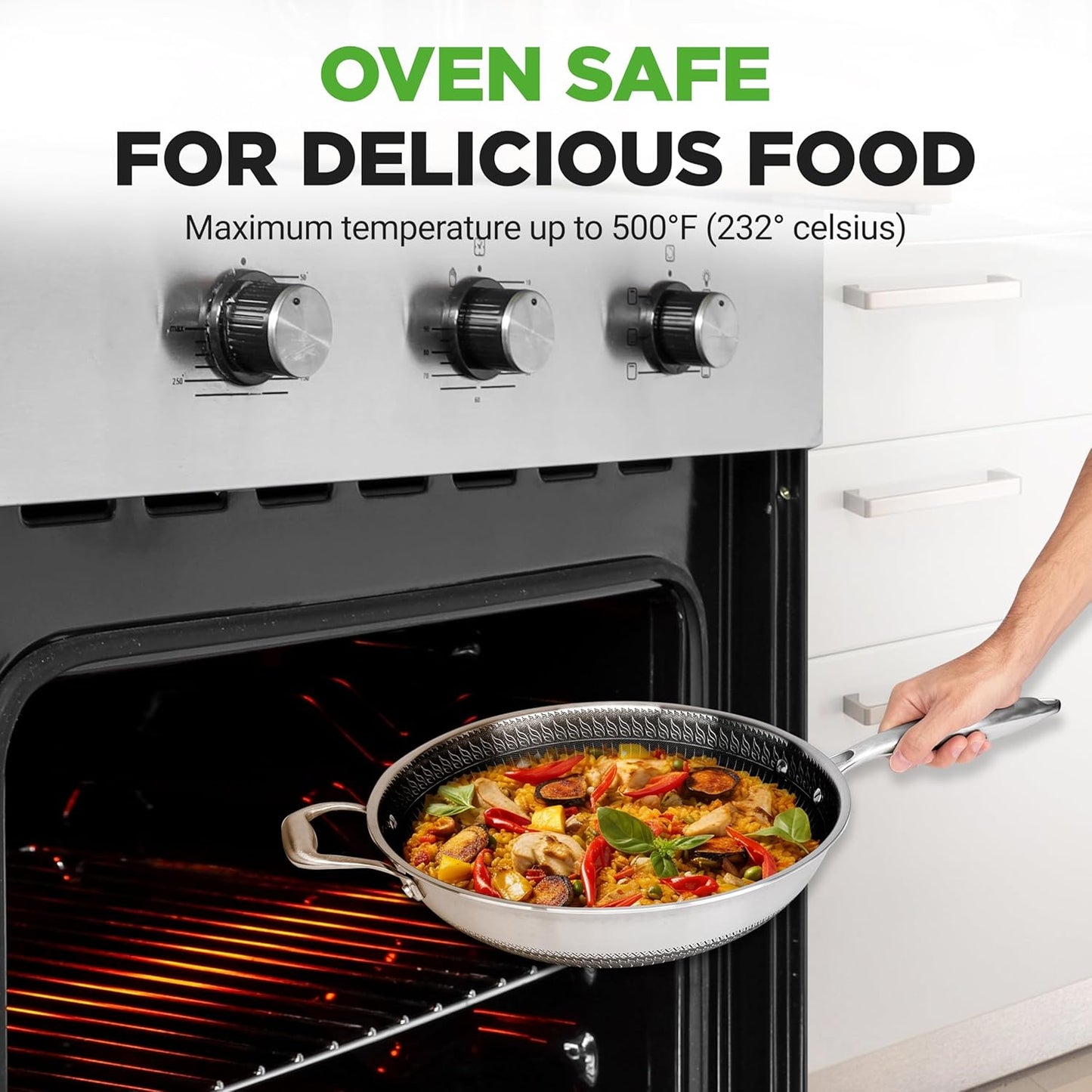 NutriChef 12" Stainless Steel Wok - Induction ready, Non Stick Tri-ply technology, Scratch-resistant Honeycomb Fire Textured Pattern