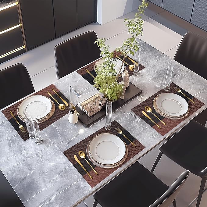 Dark Brown Placemats Set of 6-Durable PVC Vinyl Woven Place Mats for Dining Table Heat Resistant Non-Slip Washable Indoor/Outdoor Table Mats 12 x 17 inch