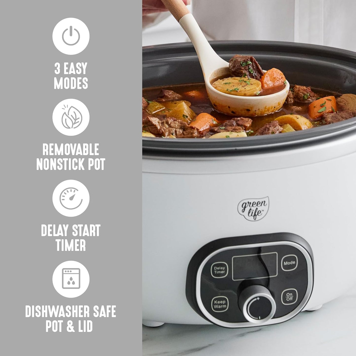 GreenLife 6QT Slow Cooker, Non-Toxic PFAS-Free Ceramic Nonstick Removable Interior Bowl, Programmable, Family Friendly, Keep Warm, Stovetop & Oven Safe, Dishwasher Safe Parts, Timer, Glass Lid, White