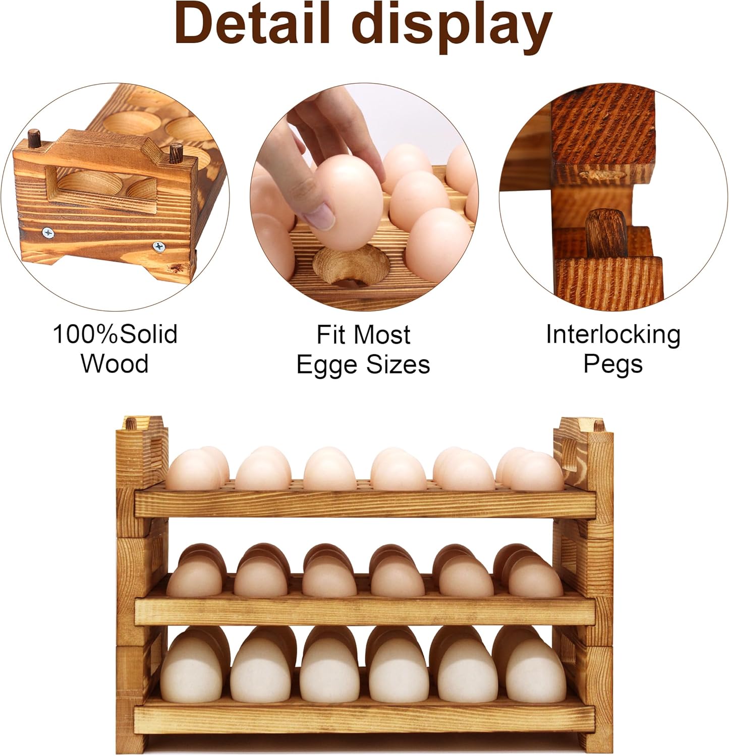 CVHOMEDECO. Wooden Egg Holder Countertop Fresh Egg Holders Firewood Egg Collecting Rack for Gathering Fresh eggs, Stackable with 54 eggs, Home Kitchen Organizer, Set of 3 PCS