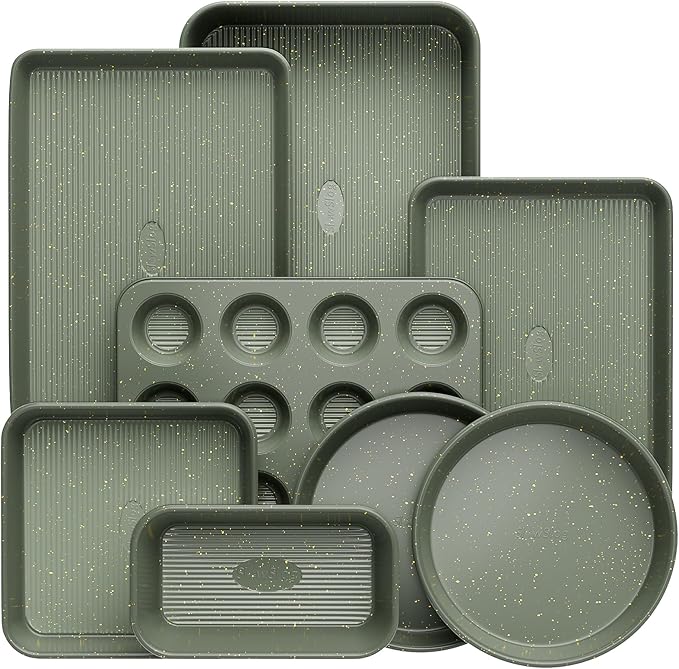 8-Piece Nonstick Bakeware Set, Stackable Oven Pan Set Includes Baking Sheet, Muffin Pan, Cake Pan, Square Pan, Loaf Pan, Cookie Sheet & Cooling Rack (Ceramic Coated Green)