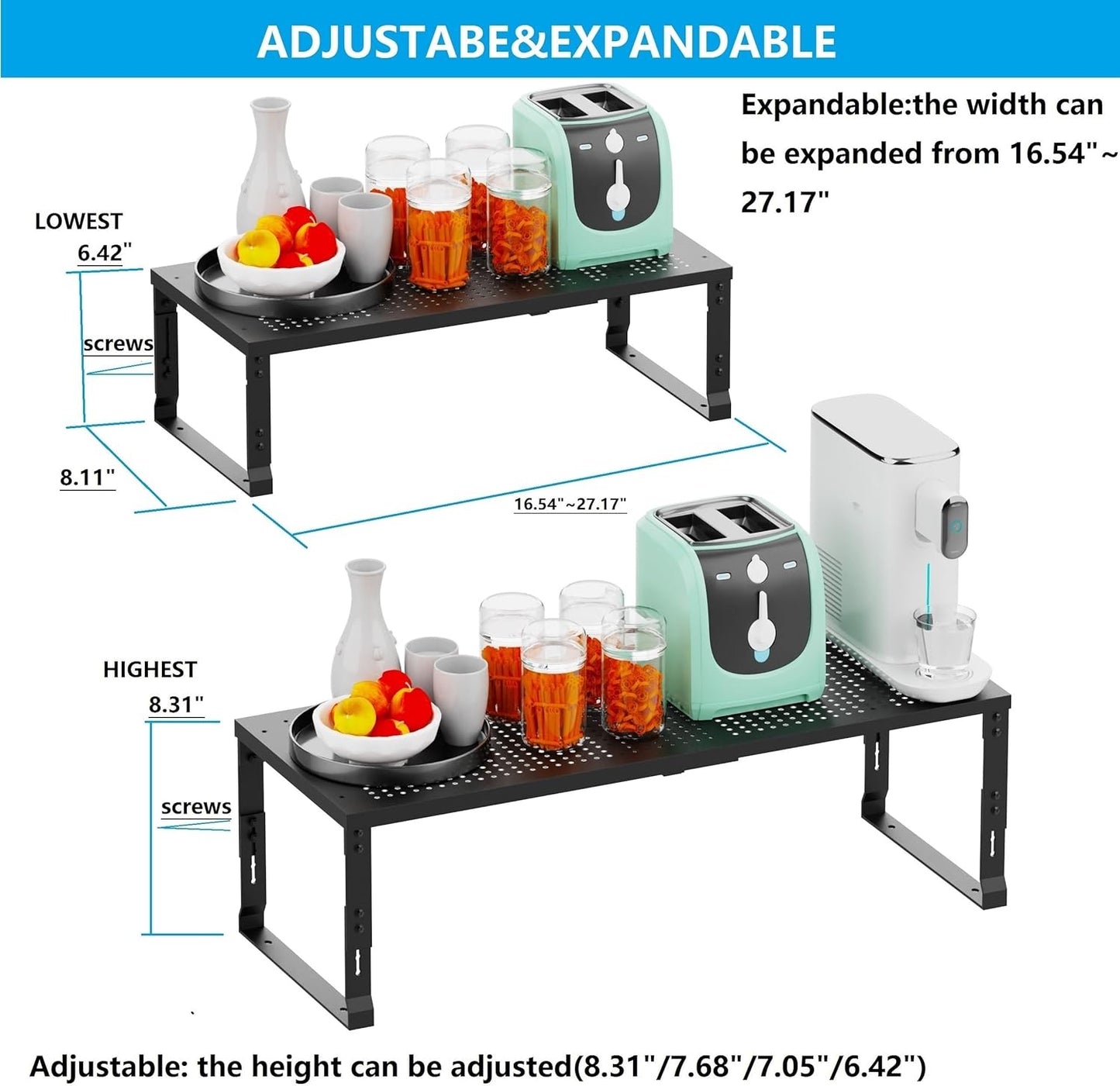 Expandable Spice Rack,Stackable Storage for Cabinet, Multi-Functional Kitchen Shelving,Height-Adjustable,Sustainable Organizer Solution(1Pack/Black/Medium)