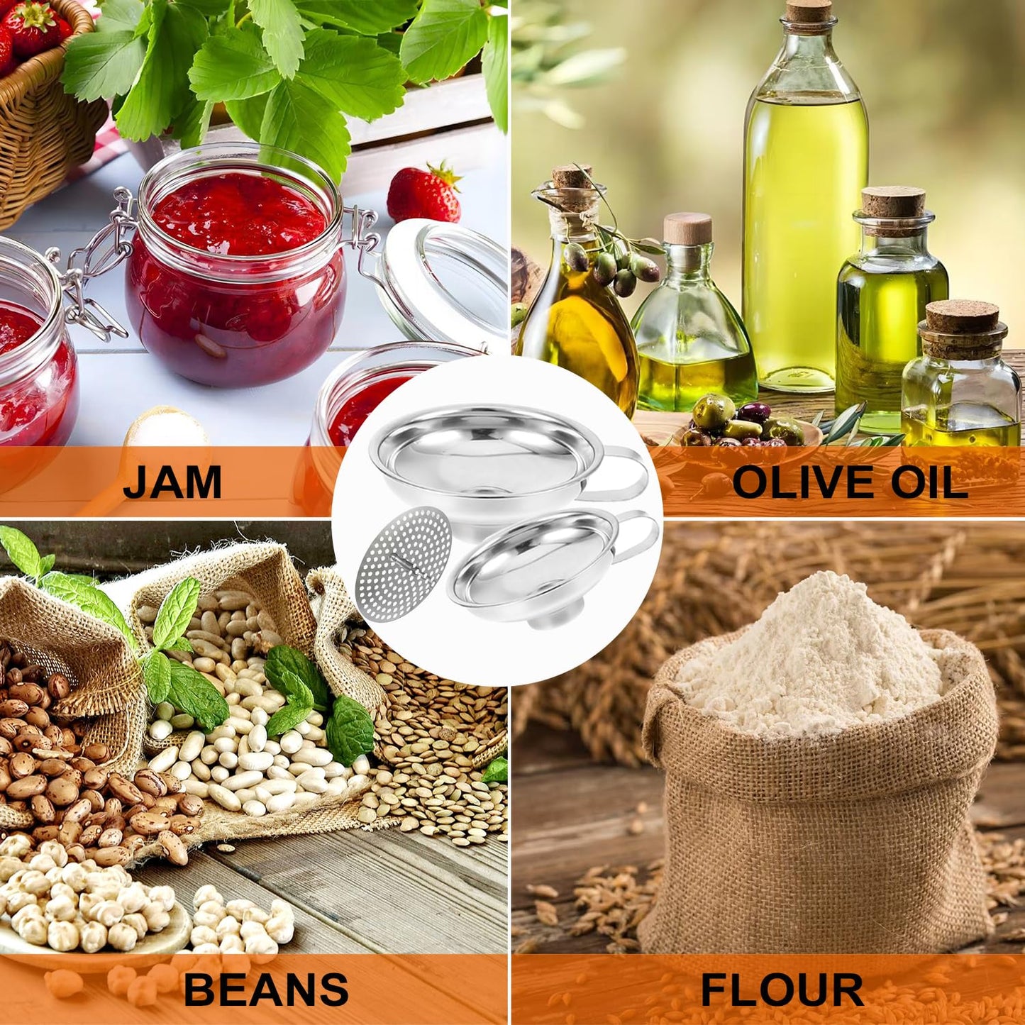 Stainless Steel Food Canning Funnels for Kitchen Use,Wide Mouth Funnel for Regular Mason Jar,Large Canning Supplies Kit for Filling Bottle(2pcs funnels,Strainer,mesh,Dispensing Funnel)