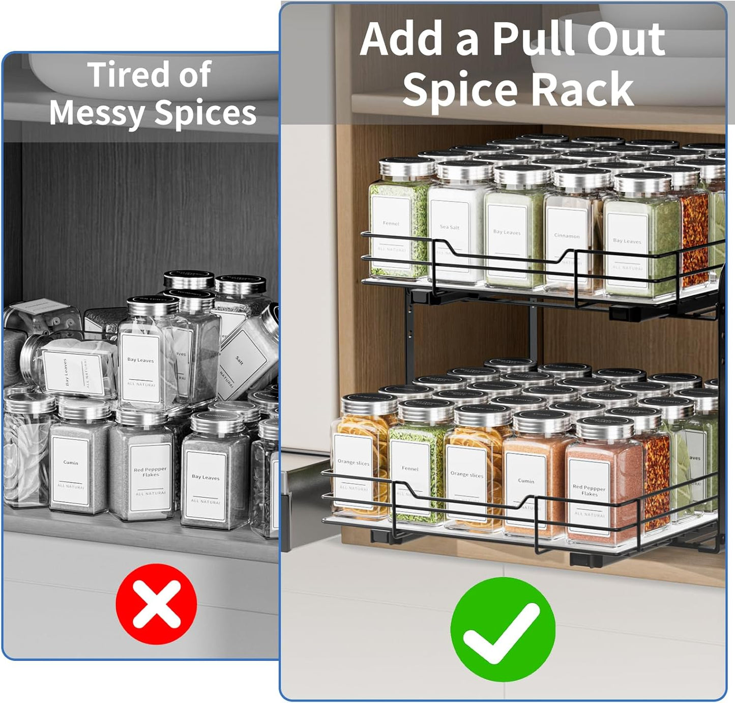 2-Tier Spice Rack Organizer, Pull Out Spice Rack for Cabinet, Height Adjustable Heavy Duty Metal Basket for Inside Cabinet & Pantry (11.5''Wx10.5''Dx9.5''H)