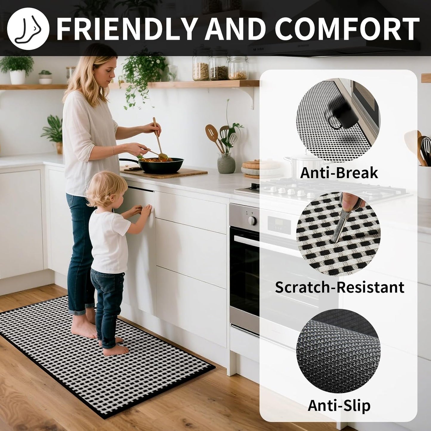 Kitchen Runner Rugs Non Slip Washable, Super Absorbent Soft Chenille Braided Kitchen Mats for Floor Rubber Backing Sink Mat Standing Hallway Floor Mat, Easy Clean, Black 17"x59"
