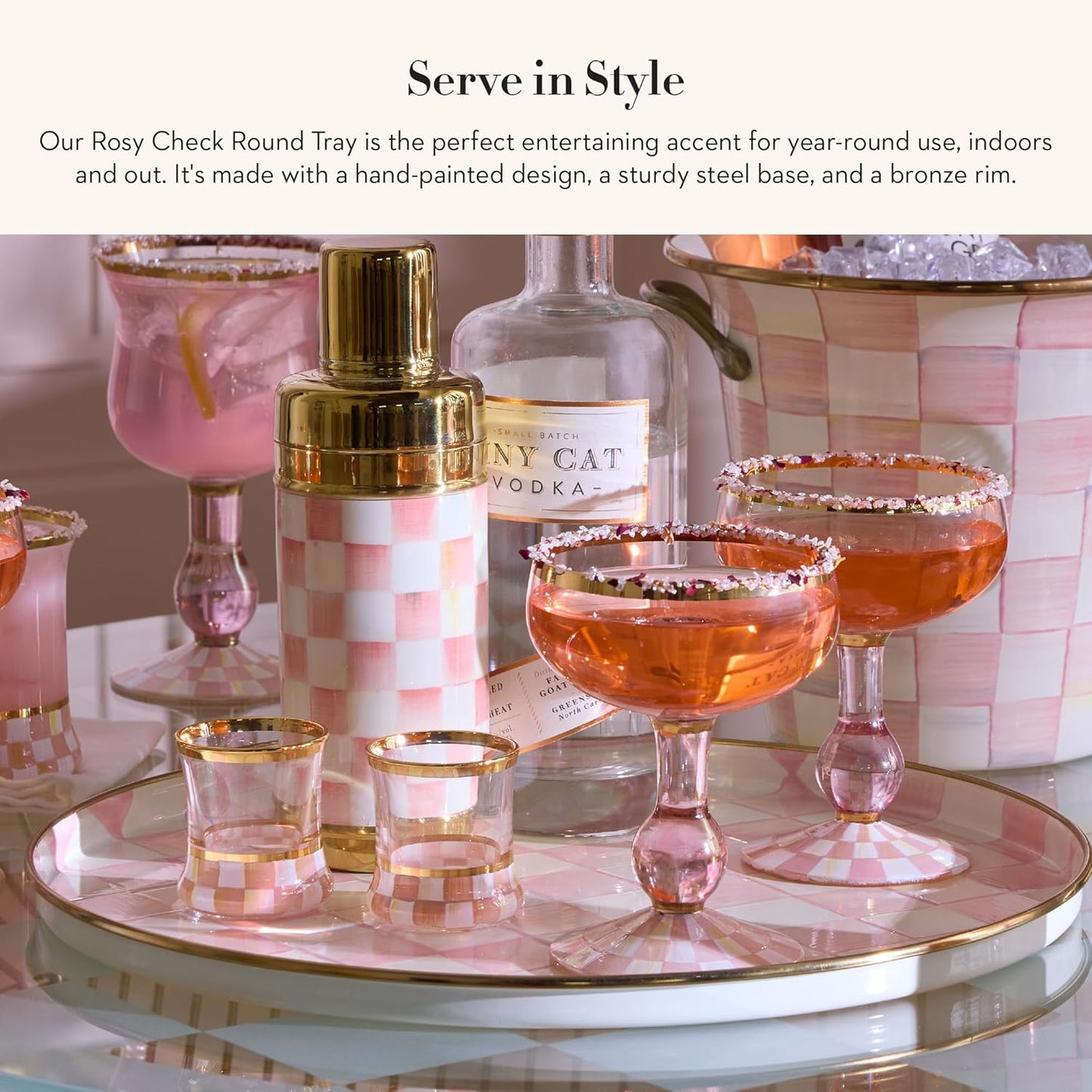 MACKENZIE-CHILDS Enamel Round Tray, Unique Serving Platter for Food and Drinks, Pink-and-White Rosy Check