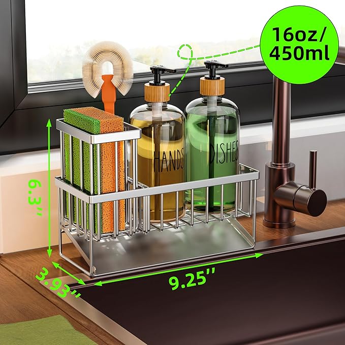 Cisily Kitchen Dish Soap Dispenser Set Stainless Steel Sponge Holder and 2 Pack 16.9oz Clear Glass, Dish Soap Dispensers, Vintage Hand and Dish Soap Dispensers Set, Dispensador De Jabon De Cocina