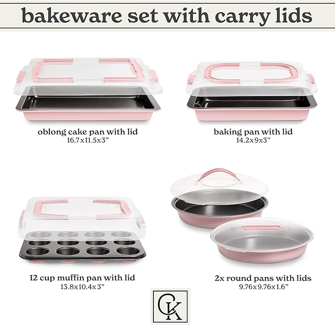 Country Kitchen Baking Pans Set - 10 Piece Non-Stick Cake Pans with Carry Lids for Easy Storage & Travel, Perfect for Parties - Stackable, Pink