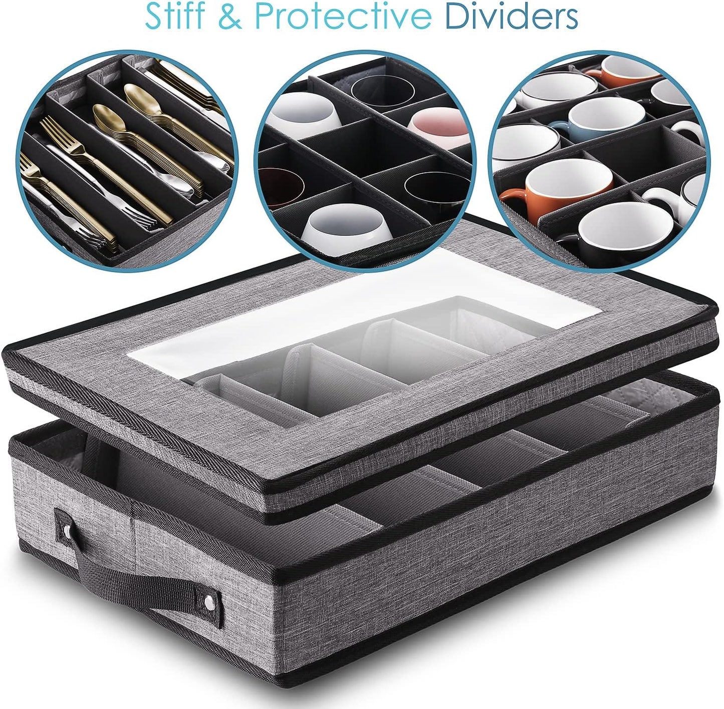 Fine China Storage Containers, 8 Piece Quilted Dish Storage Containers for Flatware & Utensil, Mug, Platter and Wine Glass with Felt Dividers, Durable Dinnerware Dish Organizers for Moving, Grey