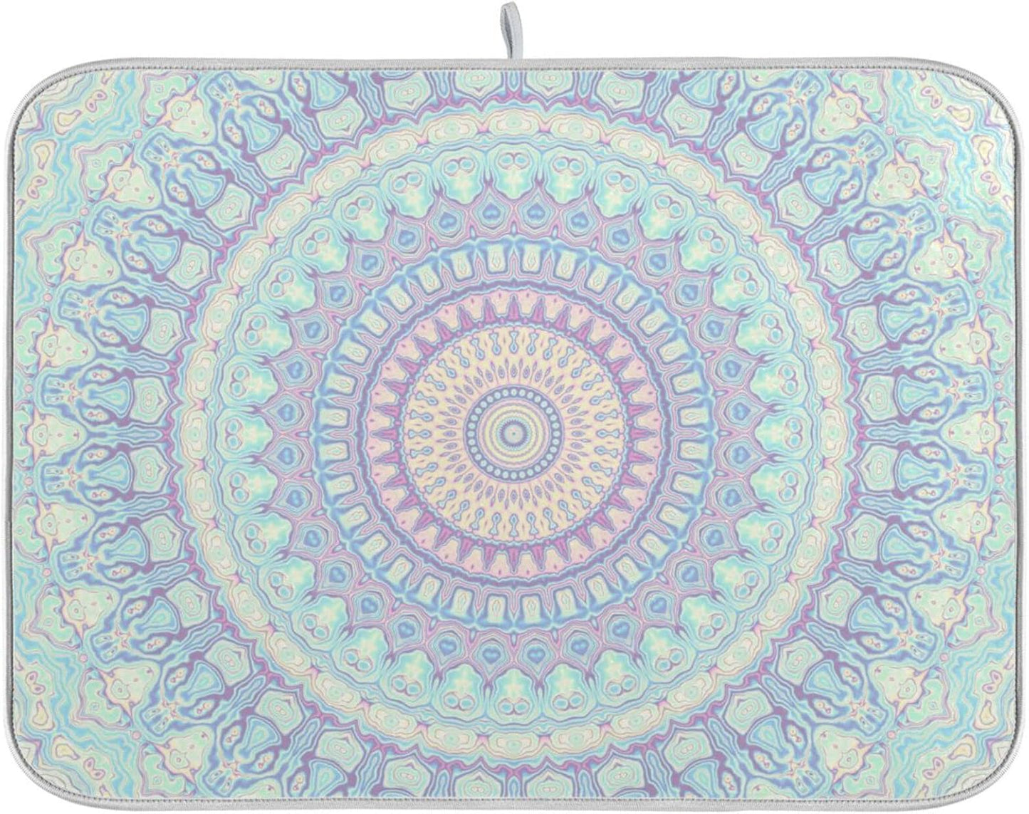 Mandala Bohemian Dish Drying Mat for Kitchen Counter Boho Ethnic Absorbent Microfiber Drying Pad, Medium 16x18 in, Reversible Drainer Mats