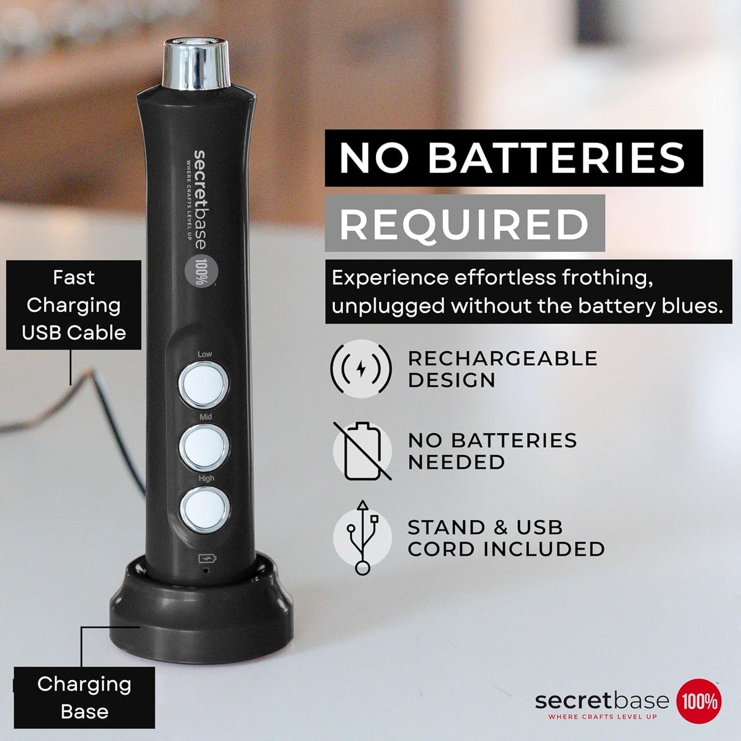 Secretbase 3 Speed Rechargeable Milk Frother Handheld, USB Charging Cradle - Stainless Steel Whisk for Bulletproof Coffee, Espresso Whipper, Mini Electric Stirrer (Black Frother without Pitcher)