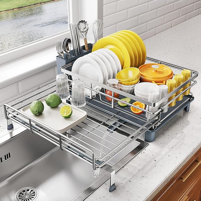 SNTD Dish Drying Rack - Extendable Dish Rack, Large Sink Drying Dish Drainer for Kitchen Counter, Stainless Steel Dish Strainer with Utensil Holder (Silver)