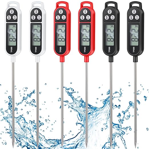 6 Pcs Instant Read Meat Thermometer with Long Probe 9.65 Inch Kitchen Cooking Food Candy Waterproof Digital Thermometer for BBQ Water Milk Yogurt Liquid (Round&Square Ring,Black,White,Red)