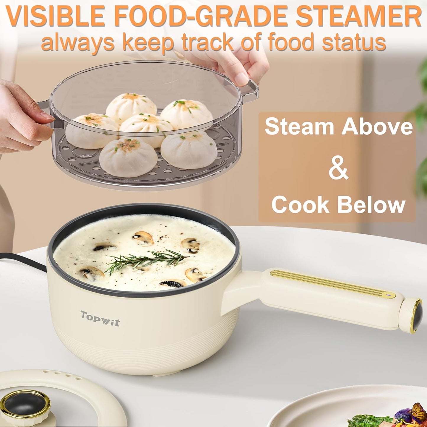 TOPWIT Hot Pot Electric with Steamer, 2L Multifunctional Electric Pot, Non-Stick Sauté Pan, Portable Pot for Steak, Fried Rice, Ramen, Soup with Dual Power Control (Silicone Spatula Included), Beige