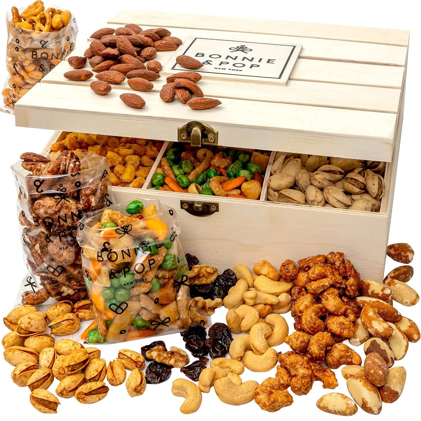 BONNIE AND POP - Nut Gift Basket | Healthy Gift of Assorted Nuts in Reusable Wood Crate | Large Variety Tray with Unique Flavors | Parties, Holidays, Birthday, Sympathy, Office, Thank You, Him, Her | Bonnie & Pop