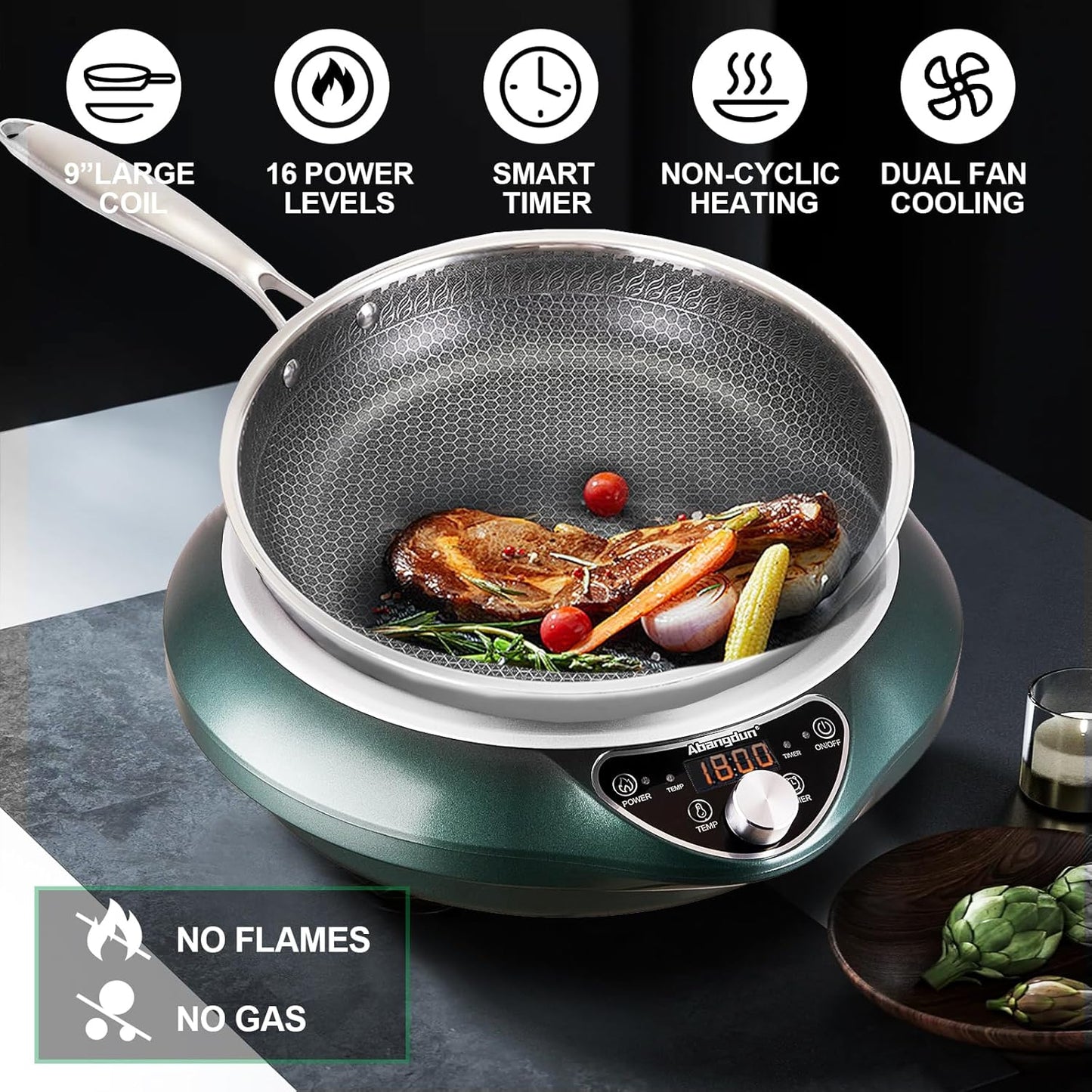 Induction Cooktop with Skillets1800W 120V Burner Cooker Nonstick Flat Pan Electric Stove Hot Plate Heat Evenly Fry Pan for Steak