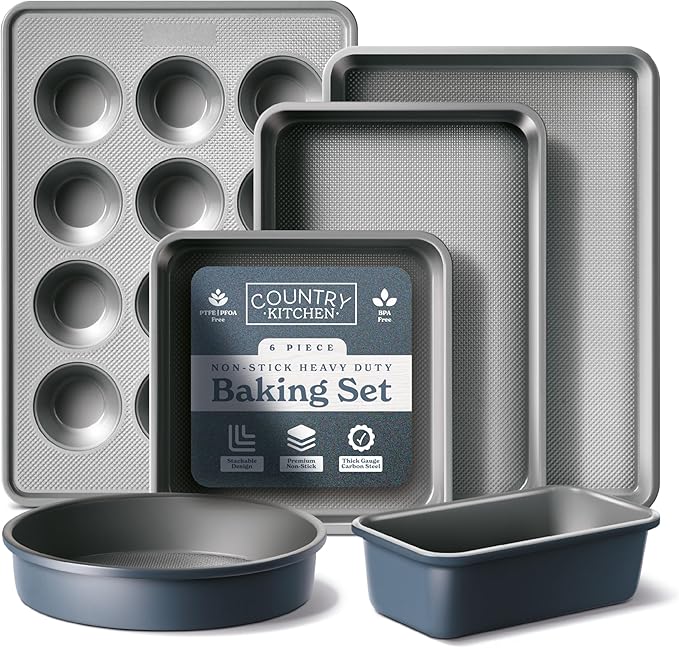 Country Kitchen Nonstick Stackable Bakeware Set - Durable, Easy Release Baking Set, Navy, 6 Pcs