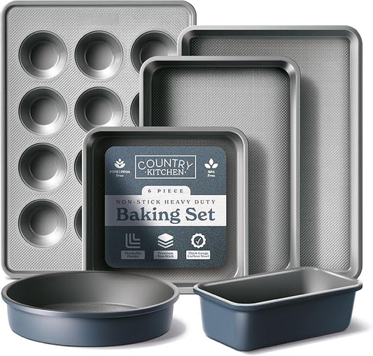 Country Kitchen Nonstick Stackable Bakeware Set - Durable, Easy Release Baking Set, Navy, 6 Pcs