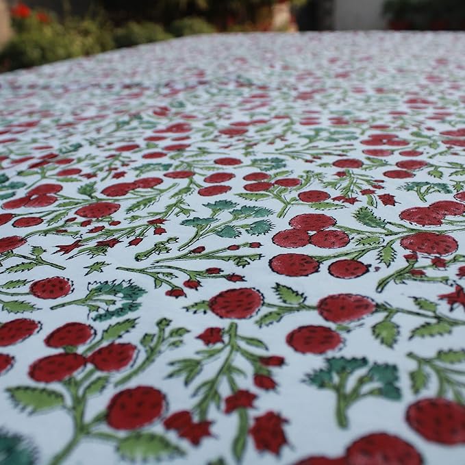 Ridhi Garnet Red Hand Block Print Cotton Rectangle Tablecloth 108 x 70 inch-Reusable Table Cover Decorative Everyday Use for Dining Room, Farmhouse, Thanksgiving, Christmas Wedding, Fall