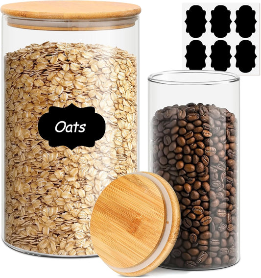 ComSaf Glass Food Storage Containers with Bamboo Lid (1.1Gallon/44oz), Glass Jar with Airtight Lid Clear Glass Food Canister Set of 2 for Dry food like Rice, Sugar, Flour, Pasta, Cereal, Beans, Nuts