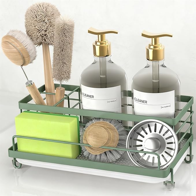 Cisily Sage Green Sponge Holder for Kitchen, Sink Caddy Sink Organizer Rack for Kitchen Accessories with Drip Tray, Rustproof and Non-slip, Soap Dispenser Countertop Organizer Essentials for New Home