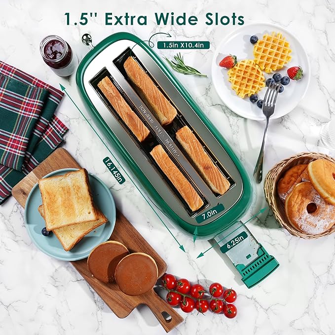 Roter Mond 4 Slice Toaster Retro Stainless Steel Toaster with Bagel, Cancel, Defrost Function and 6 Bread Shade Settings Bread Machine, Long Extra Wide Slots and Removable Crumb Tray, Green