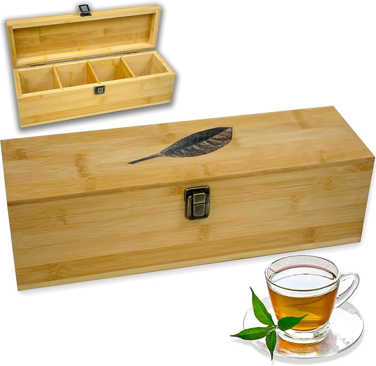 Bamboo Tea Organizer Box Chemical Free Eco-Friendly Big, Tall, Adjustable Cubbies Natural Wooden Storage Chest (4-Slot Across 14.3" x 4.4" x 4.2" with Tea Leaf design)