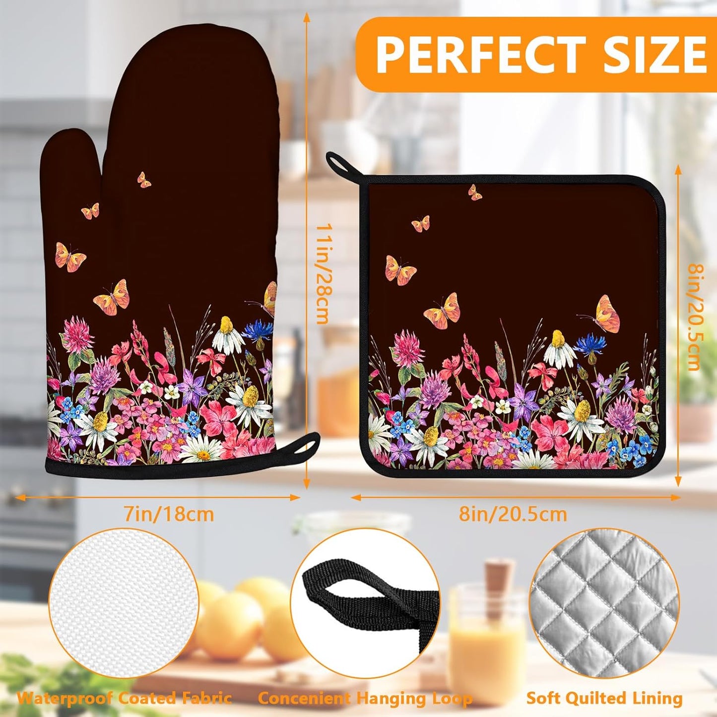 Wildflowers Oven Mitts and Pot Holders Sets 4Pcs,Extra Long Oven Gloves Potholder for Kitchen Cooking Baking BBQ 100% Cotton Heat Resistant