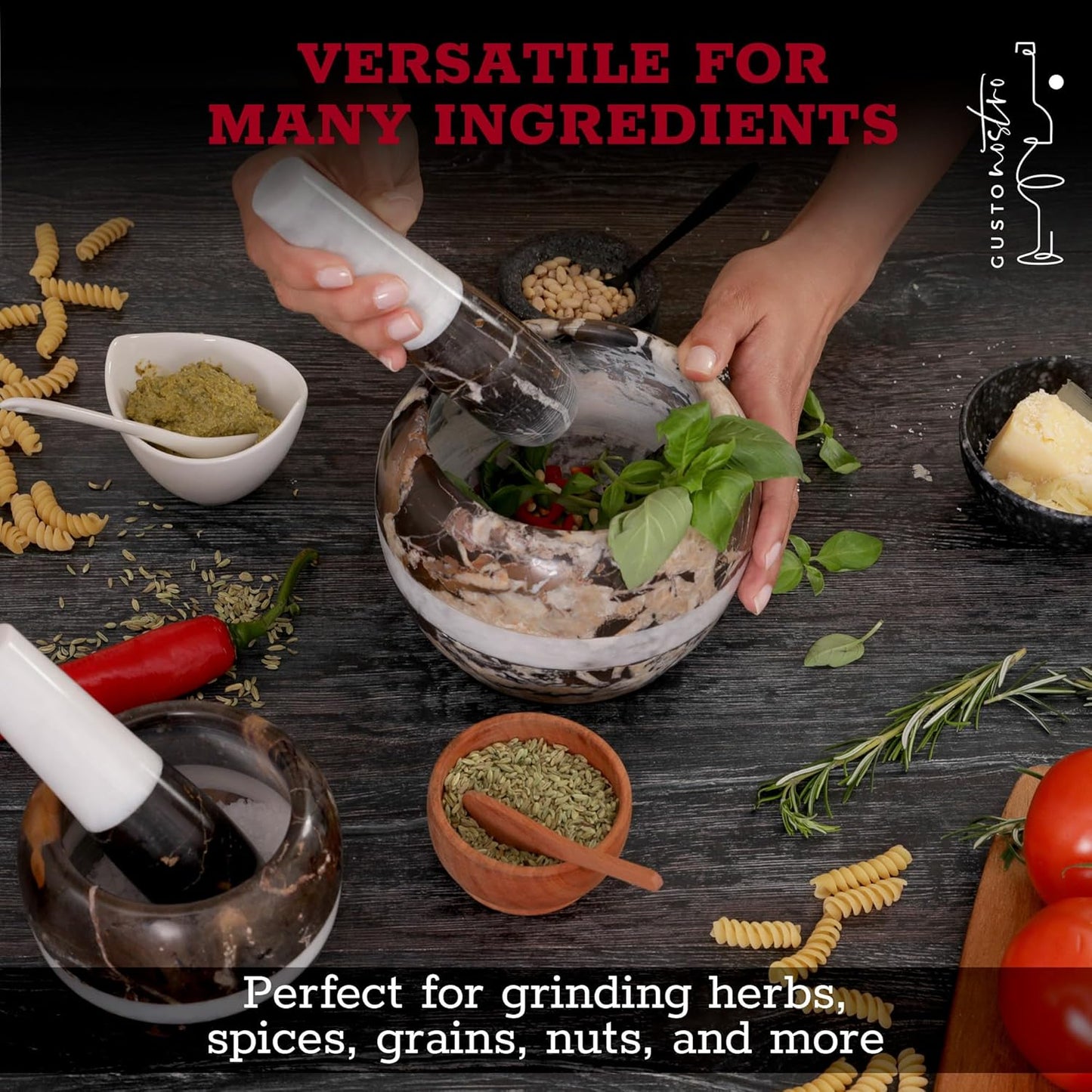 Gusto Nostro Natural Marble Mortar and Pestle Set | 5 Inch - 2.5 Cup Large Mortar Pestle Set for Grinding Herbs, Nuts, Grains | Pesto Grinding and Guacamole Stone Bowl | Marble Spice Crusher