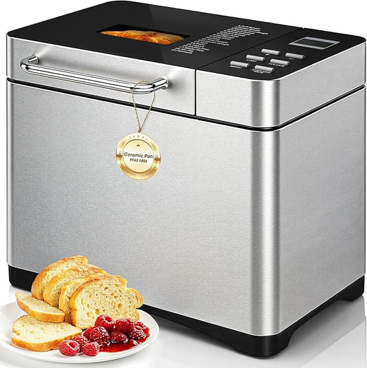 Manastin 2LB & 1.5LB Bread Maker Machine, 19-in-1 Automatic with 3 Crust Colors, 3-Step Beginner-Friendly Operation, Keep Warm, Programmable Delay Timer for Homemade Bread, Silver